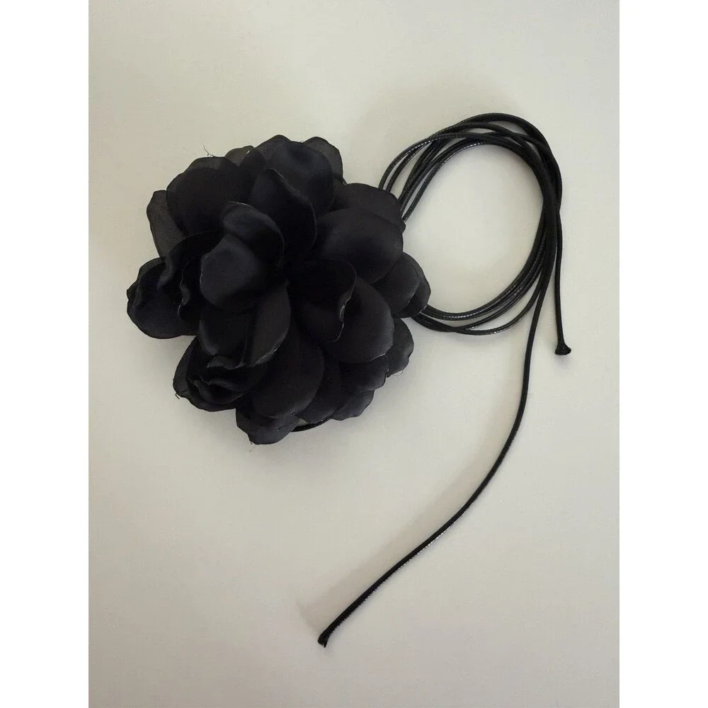 Black Fabric Flower Choker Necklace, Adjustable Cord Tie